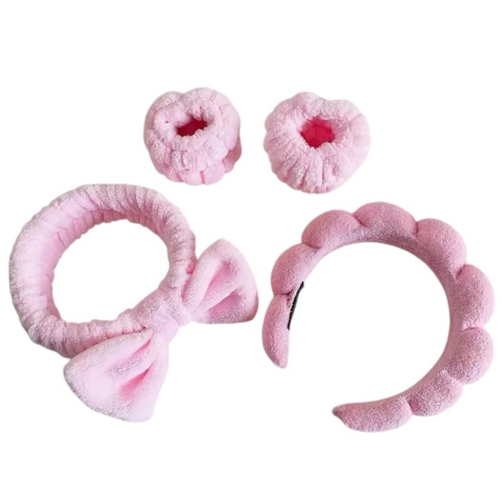 Pink Plush Spa Skincare Wrist and Headband 4-Piece Set